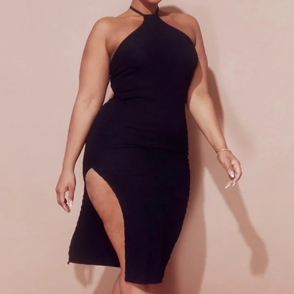 high fashion club dresses Lanetta | NAVY Ruched High-Neck Maxi Dress With Split main image 0
